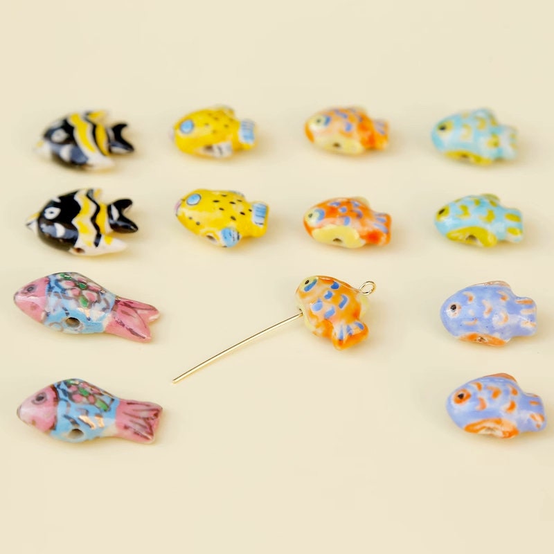 2pcs handmade fish porcelain beads fish-shape ceramic beads DIY crafts hand paint [#5]