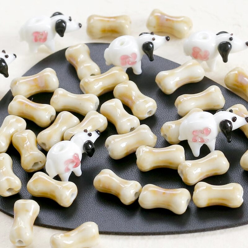 5pcs handmade bone-shape porcelain beads dog-shape glass beads dog's edible bones ceramic beads DIY crafts DIY jewelry [#47]