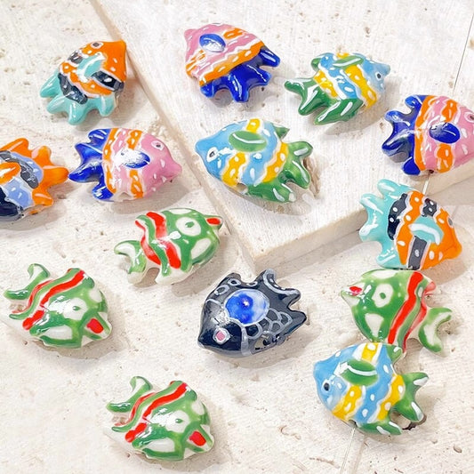 2pcs handmade fish porcelain beads fish-shape ceramic beads DIY crafts hand paint [#14]