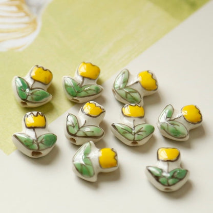 5/50pcs handmade yellow floral porcelain beads ceramic beads DIY crafts DIY jewelry [#4]