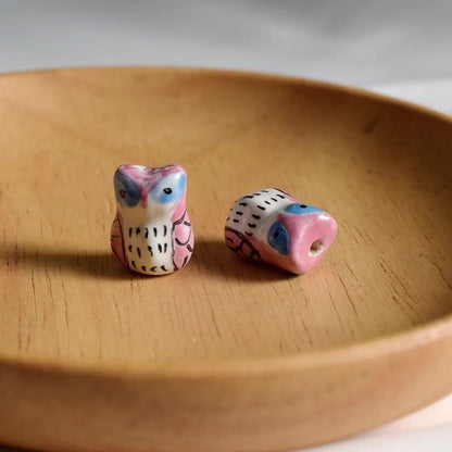 5pcs handmade pink and blue owl porcelain beads owl-shape ceramic beads DIY crafts hand paint animal beads [#39]