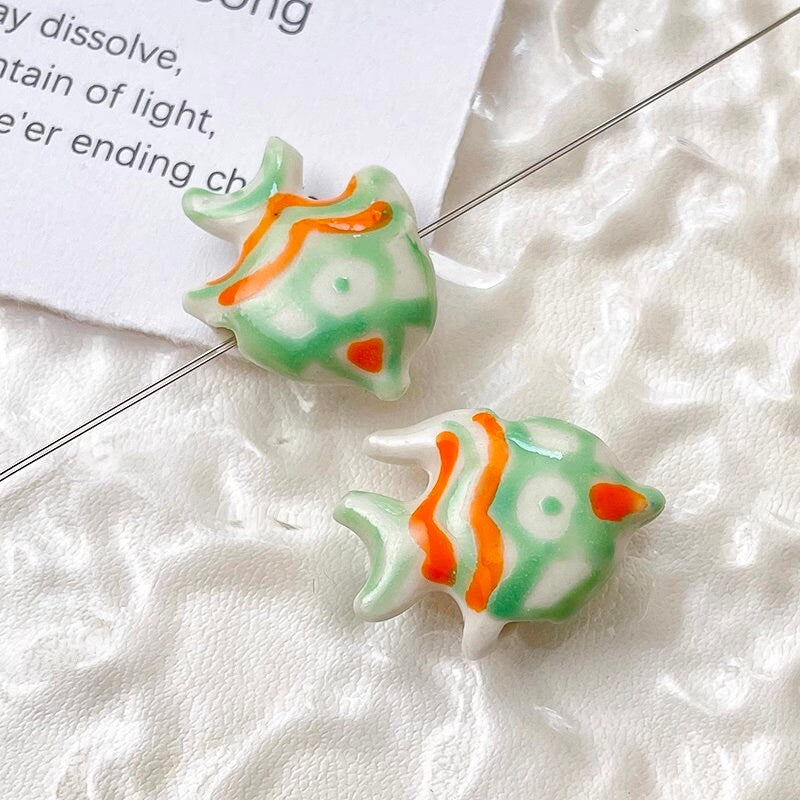 2pcs handmade fish porcelain beads fish-shape ceramic beads DIY crafts hand paint [#20]