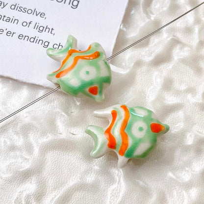 2pcs handmade fish porcelain beads fish-shape ceramic beads DIY crafts hand paint [#20]