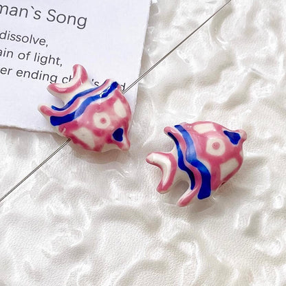 2pcs handmade fish porcelain beads fish-shape ceramic beads DIY crafts hand paint [#20]