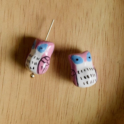 5pcs handmade pink and blue owl porcelain beads owl-shape ceramic beads DIY crafts hand paint animal beads [#39]