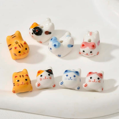 2pcs handmade cat porcelain beads cat-shape ceramic beads DIY crafts hand paint [#13]