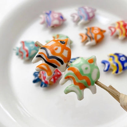 2pcs handmade fish porcelain beads fish-shape ceramic beads DIY crafts hand paint [#20]