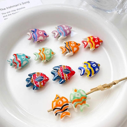 2pcs handmade fish porcelain beads fish-shape ceramic beads DIY crafts hand paint [#20]