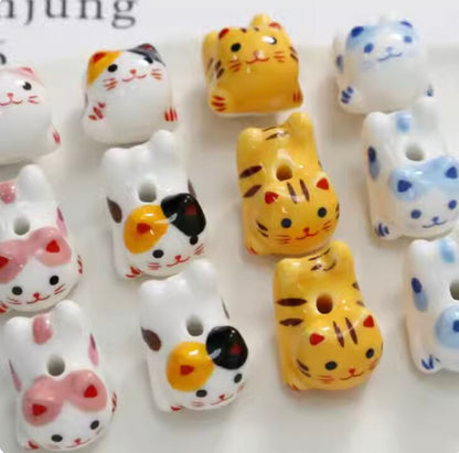 2pcs handmade cat porcelain beads cat-shape ceramic beads DIY crafts hand paint [#13]