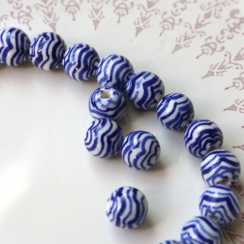 5pcs white and blue porcelain ceramic beads DIY crafts hand paint [#42]