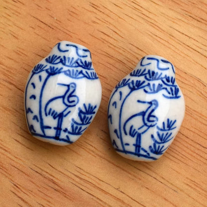 2pcs handmade Blue and White Porcelain Small Vase Bead Crane ceramic beads DIY crafts hand paint [#9]