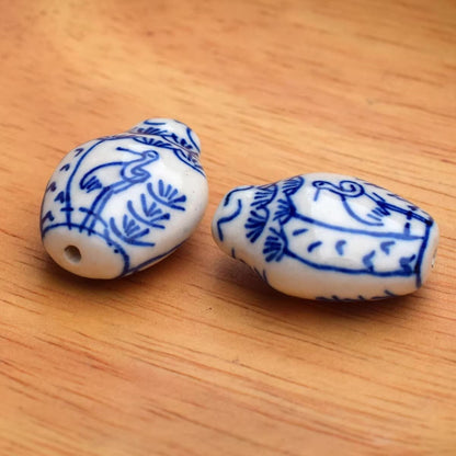 2pcs handmade Blue and White Porcelain Small Vase Bead Crane ceramic beads DIY crafts hand paint [#9]