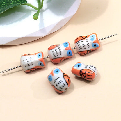 5pcs handmade pink and blue owl porcelain beads owl-shape ceramic beads DIY crafts hand paint animal beads [#39]