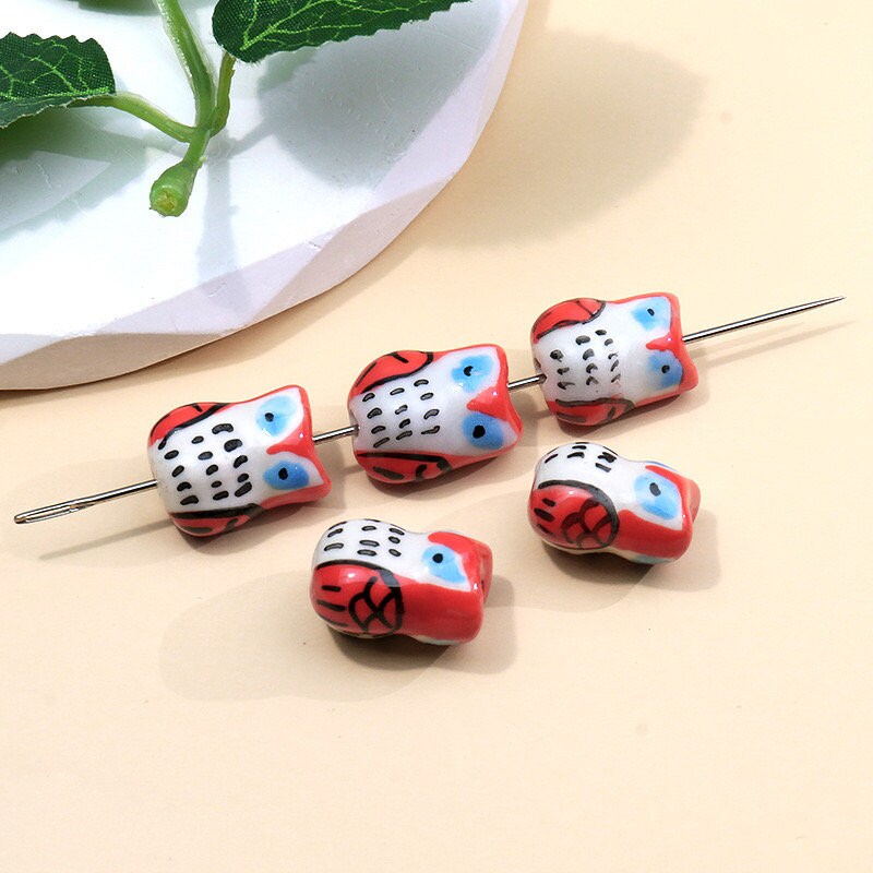 5pcs handmade pink and blue owl porcelain beads owl-shape ceramic beads DIY crafts hand paint animal beads [#39]