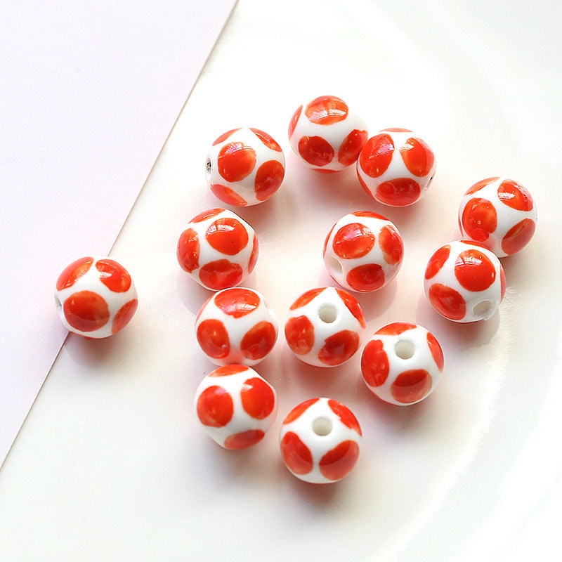 5pcs Japanese-style porcelain ceramic beads DIY crafts hand paint red dots pop art [#33]