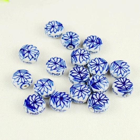 2pcs vintage double sided hand painted white and blue floral leaves porcelain ceramic beads DIY crafts hand paint [#46]