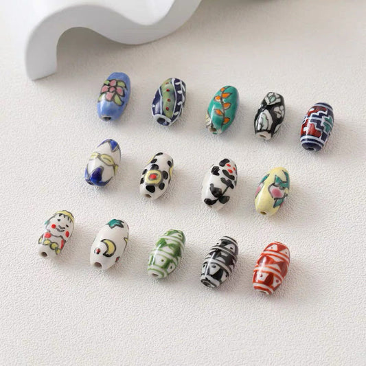 2pcs handmade porcelain beads vintage Japanese-style ceramic beads DIY crafts hand paint floral [#36]