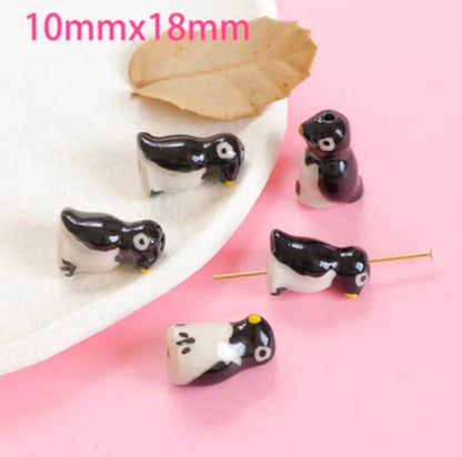 2pcs handmade animal porcelain beads penguin cookie bear panda ceramic beads  DIY crafts hand paint [#24]